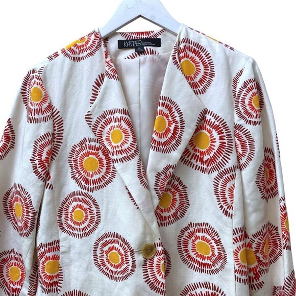 KASPER Linen Blend Blazer Size 12 Starburst Print 3/4 Sleeve Womens Jacket - Picture 2 of 7